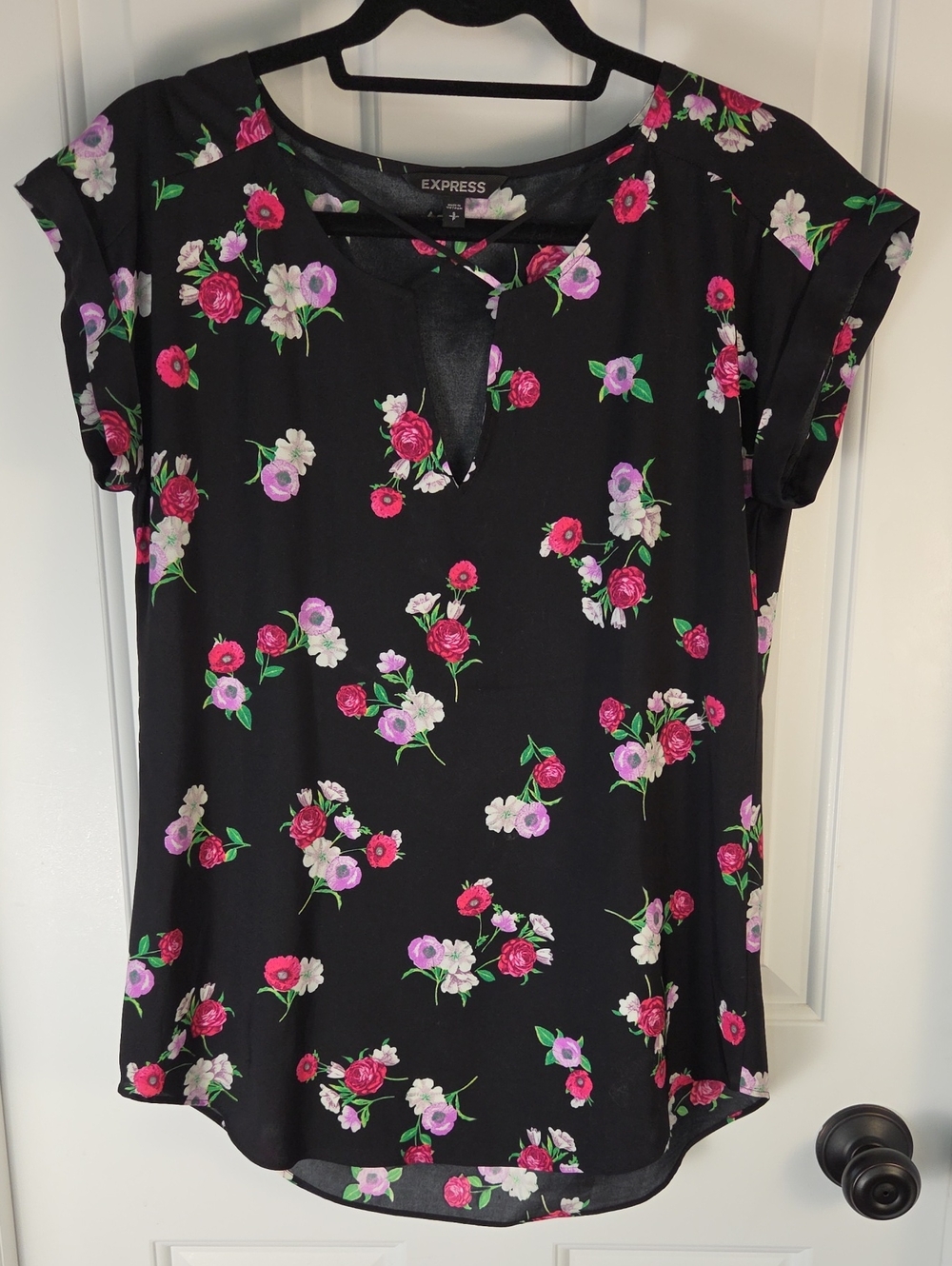 Express Black Floral Keyhole Cap-Sleeve Top